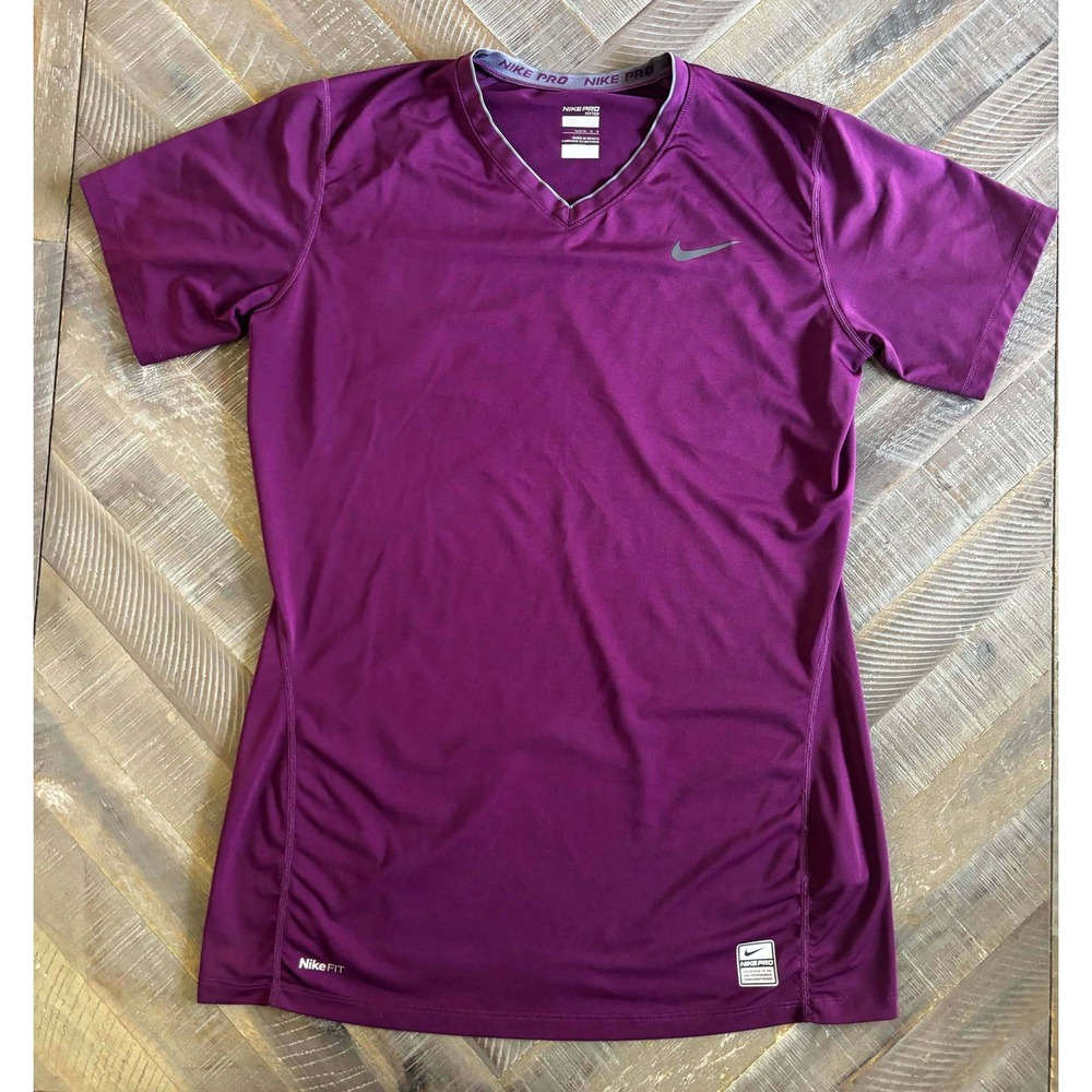Nike Pro Fitted Women Purple V-Neck Short Sleeve Training Shirt Nike Fit Large